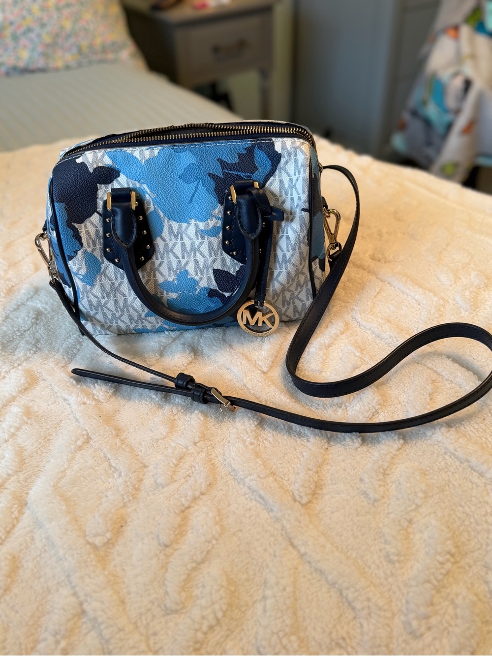 Michael Kors Blue Floral MK Logo Crossbody Bag